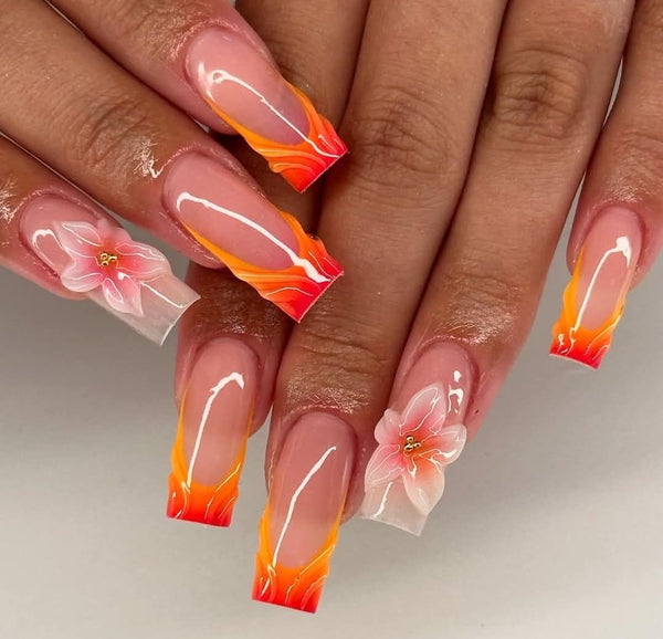 Pose Gel-X, dégradé flammes orange et fleur en relief