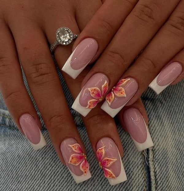 Pose Gel-X coffin, fleurs en relief rose et orange