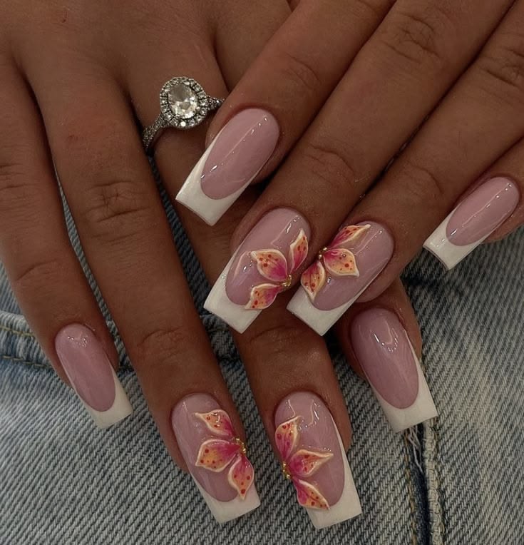 Pose Gel-X coffin, fleurs en relief rose et orange